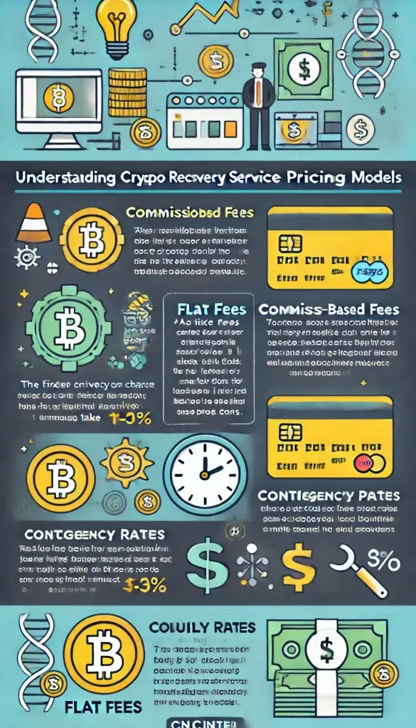 Understand the different pricing models for legitimate cryptocurrency recovery services, including commission-based, flat fees, hourly rates, and contingency-based payments Infographic explaining pricing models for cryptocurrency recovery services, including commission-based fees, flat fees, hourly rates, and contingency-based payments