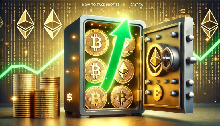 A partially open vault filled with Bitcoin, Ethereum, and stablecoins glowing inside, symbolizing how to take profits from crypto without selling.