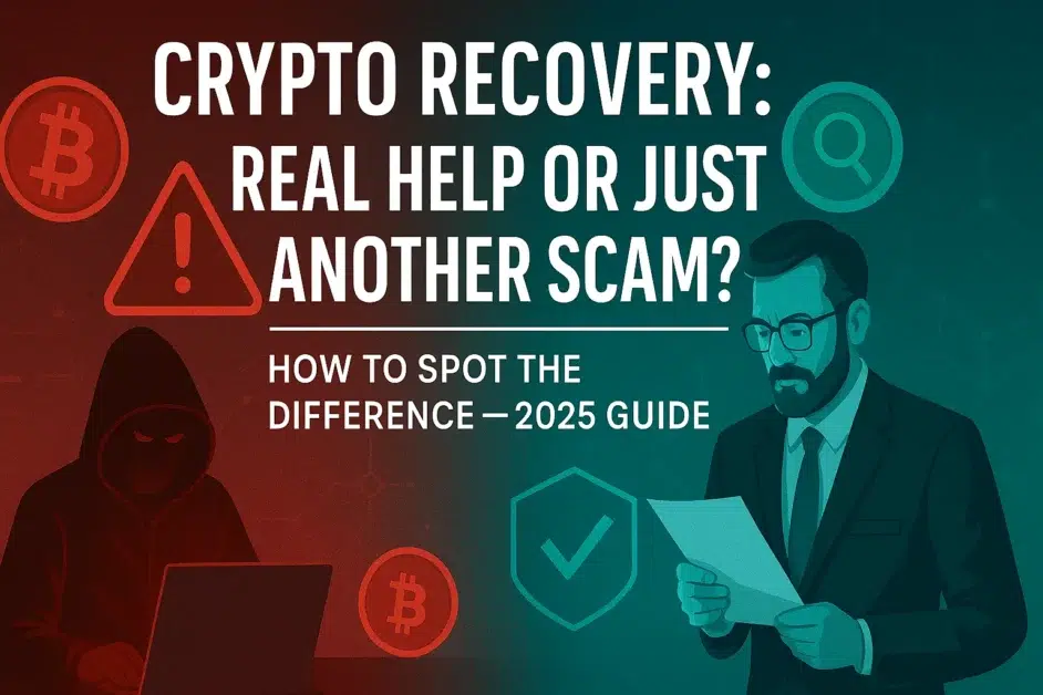 A key unlocking a digital vault filled with cryptocurrency icons like Bitcoin and Ethereum, symbolizing legitimate crypto recovery services for lost or stolen assets.