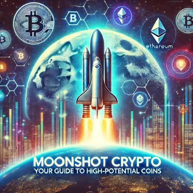 Moonshot Crypto Guide feature image with rockets and a futuristic moonlit space theme, symbolizing high-potential cryptocurrency growth.