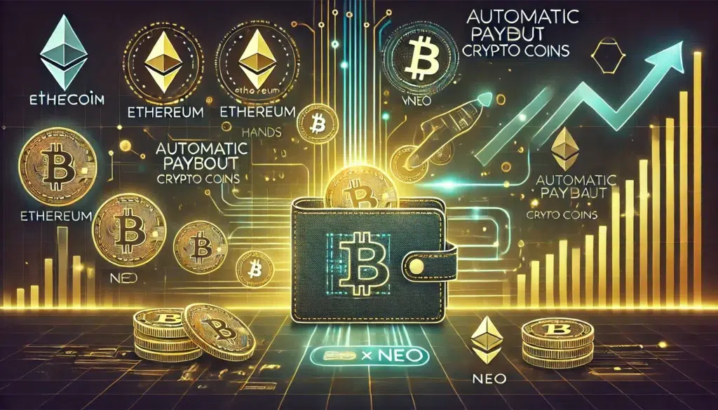 Illustration of automatic payout crypto coins like Bitcoin and VeChain with a digital wallet for passive income generation.