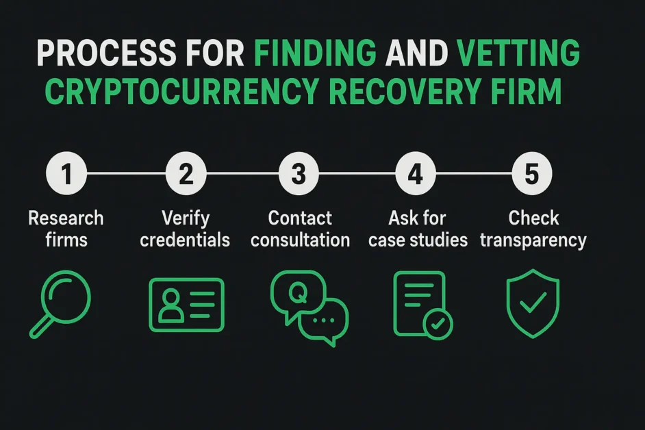 Infographic showing a 5-step process for choosing a cryptocurrency recovery firm: 1. Research firms, 2. Verify credentials, 3. Contact consultation, 4. Ask for case studies, 5. Check transparency.