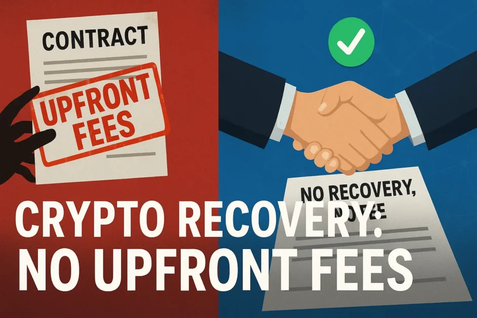 Illustration showing scam crypto recovery firms demanding upfront fees versus a legitimate no-recovery, no-fee firm with handshake agreement.