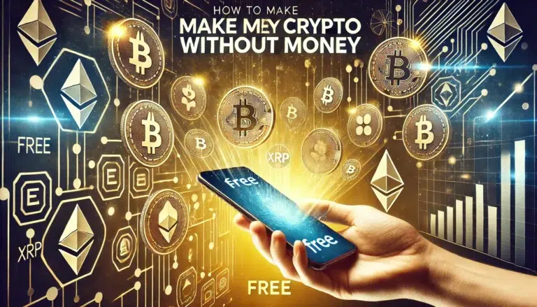 Smartphone displaying floating cryptocurrency coins like Bitcoin, Ethereum, and XRP, symbolizing how to make money in crypto without investment.