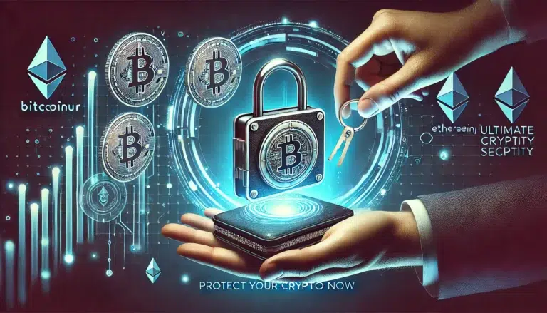 A glowing padlock over a blockchain background representing secure cryptocurrency storage with a hardware wallet and digital coins.