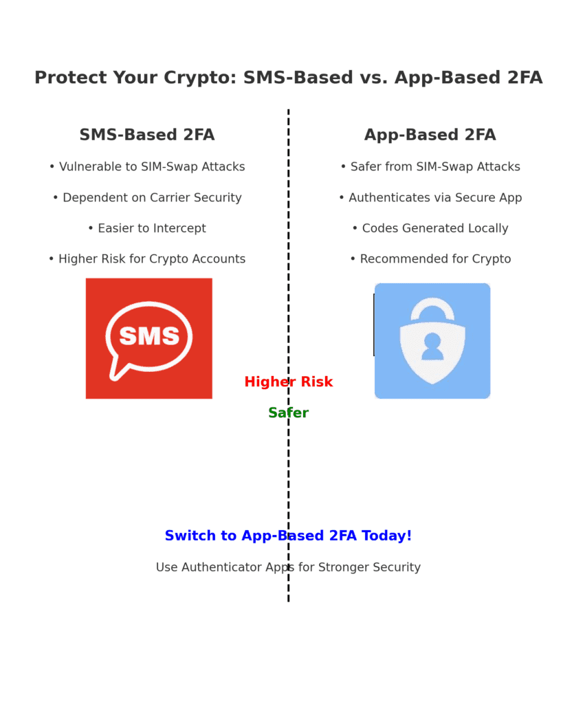 Infographic comparing SMS-based 2FA vs. App-based 2FA for cryptocurrency security. Explains how app-based 2FA provides better protection for securing cryptocurrency against hacks.
