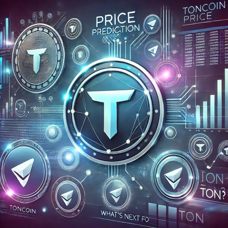 Toncoin logo surrounded by blockchain nodes with price chart overlay showing upward trend, symbolizing Toncoin price prediction and future growth, connected to Telegram.