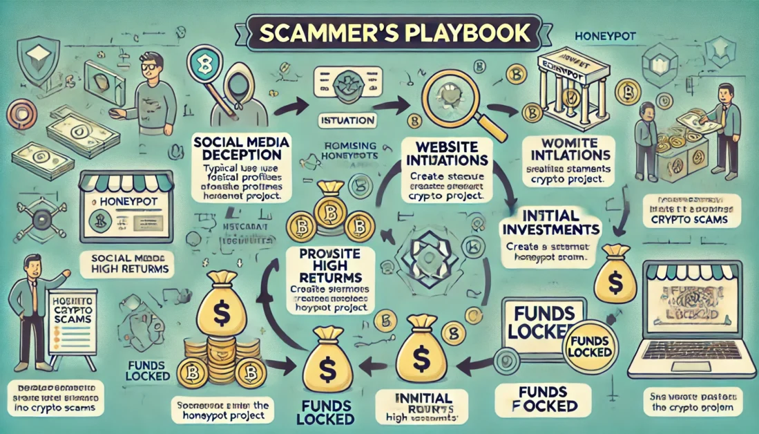 the illustrated flowchart, "Scammer's Playbook," detailing the common steps used by scammers in honeypot crypto scams. Each stage visually flows, helping users understand how the scheme unfolds from social media deception to the locking of funds. This illustration can be included in your article to enhance clarity and engagement.