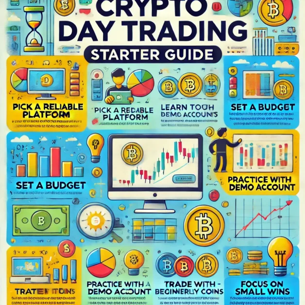 Infographic for beginners on how to start crypto day trading, including steps like choosing a reliable platform, setting a budget, learning tools, practicing with demo accounts, trading beginner-friendly coins, and focusing on small wins. Features colorful icons and clear steps for easy understanding.