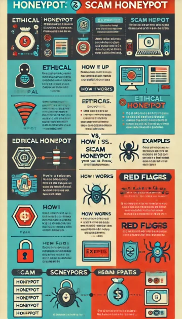 Ethical vs. Scam Honeypots Infographic – Side-by-side comparison highlighting differences in purpose, legal standing, mechanics, examples, and red flags between ethical honeypots (used in cybersecurity for protection) and scam honeypots (crypto scams designed to trap investors). Key points include their legal status, how each honeypot type works, and tips for spotting red flags.