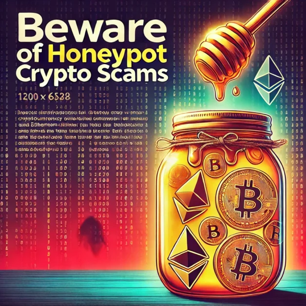 Honey jar symbolizing honeypot crypto scam with trapped Bitcoin and Ethereum coins, cautioning users about crypto investment traps