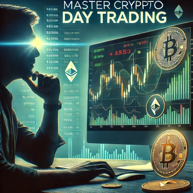 A feature image showing a cryptocurrency trading platform with candlestick charts, green and red price fluctuations, and Bitcoin and Ethereum symbols, representing the concept of 'How to Day Trade Crypto'