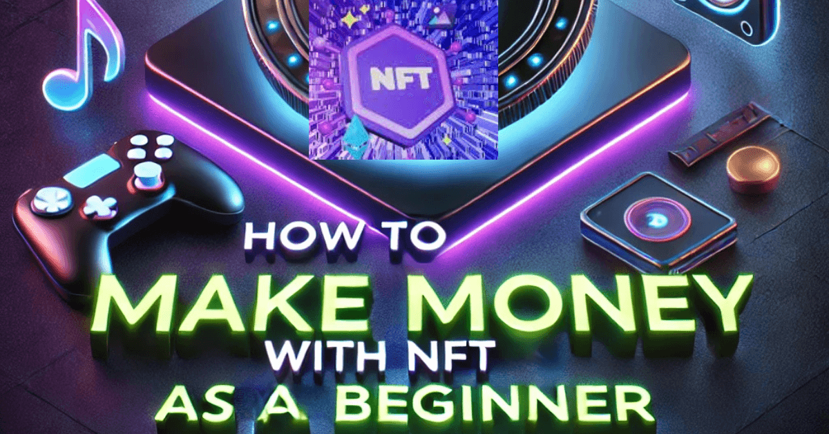 Feature image for blog post titled ‘How to Make Money with NFTs as a Beginner’ showing an NFT coin and icons representing types of NFTs like digital art, music, and gaming, with the title text overlaid.