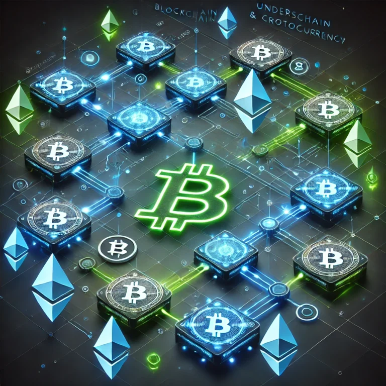 Illustration of blockchain network showing interconnected nodes with cryptocurrency symbols like Bitcoin and Ethereum, representing how blockchain works in cryptocurrency