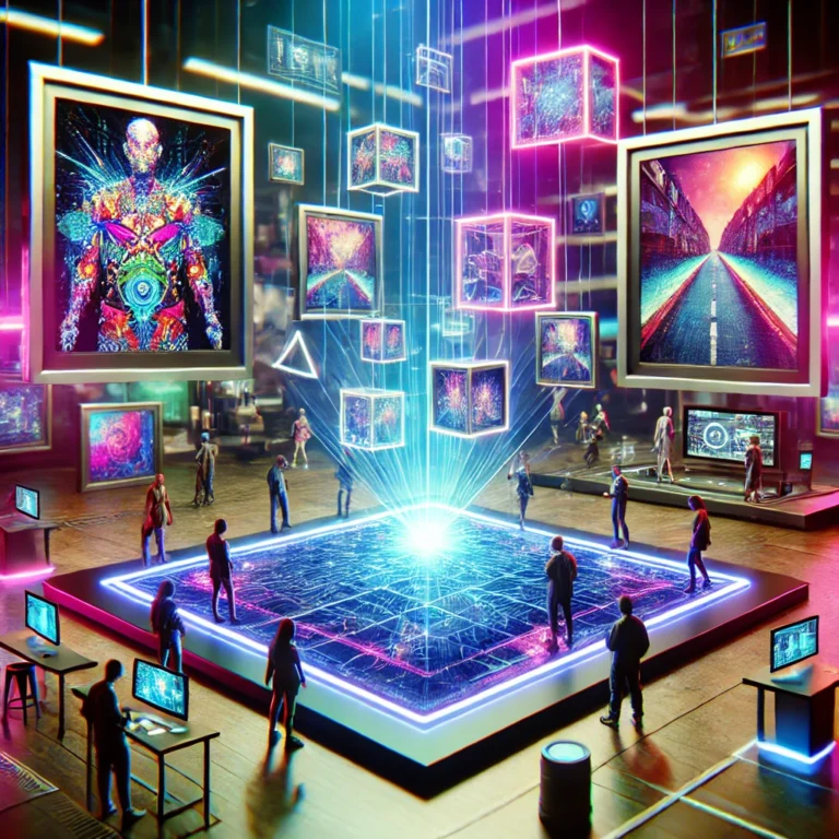 A vibrant digital artwork illustrating how to choose the best NFT marketplace for artists, featuring holographic digital art and a tech-savvy interface.