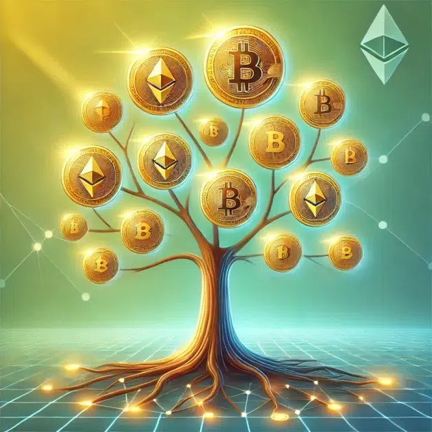 Illustration of a tree with cryptocurrency coins like Bitcoin, Ethereum, and Cardano growing as fruits, symbolizing passive income through staking, against a green and blue gradient background.
