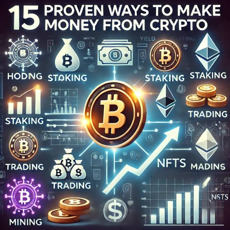 A feature image for a blog post titled '15 Proven Ways to Make Money from Crypto.' It showcases methods like HODLing, staking, trading, and NFTs with glowing cryptocurrency symbols like Bitcoin and Ethereum, upward-trending graphs, and a futuristic digital wallet.