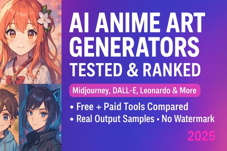 Collage of AI-generated anime characters in various styles with text overlay reading ‘AI Anime Art Generators — Tested & Ranked (2025)’ and highlighting tools like Midjourney and DALL·E.