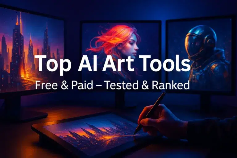 Person creating digital art using AI tools with monitors showing AI-generated artworks – Top AI Art Generators Free and Paid