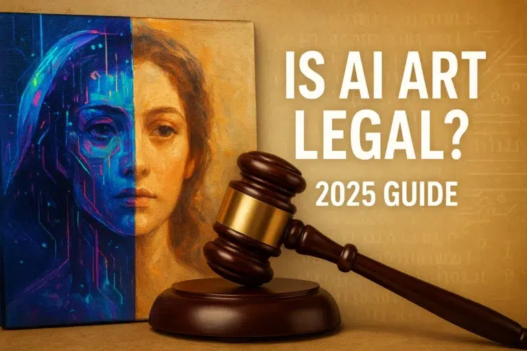 Split digital and traditional artwork with judge’s gavel, symbolizing AI art copyright and legal issues in 2025 guide
