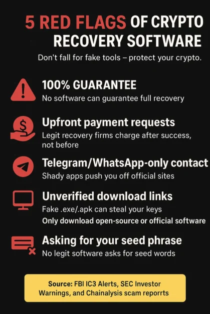 Infographic showing 5 red flags of fake crypto recovery software: 100% guarantee, upfront payment, chat-only contact, unverified links, seed phrase requests.
