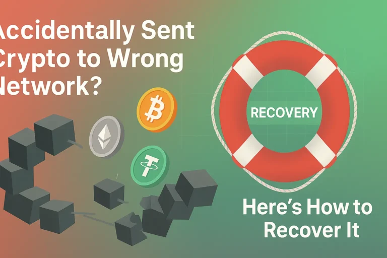 Illustration showing recovery of crypto sent to the wrong network using a lifebuoy catching falling coins