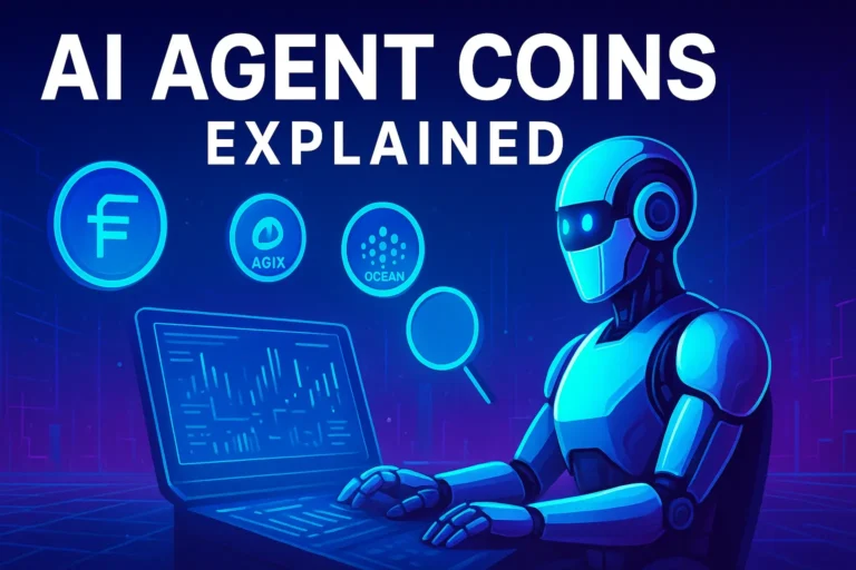 Illustration of an AI robot analyzing cryptocurrency data with logos of AI agent coins like AGIX, OCEAN, and Fetch.ai, representing how AI agent crypto coins work
