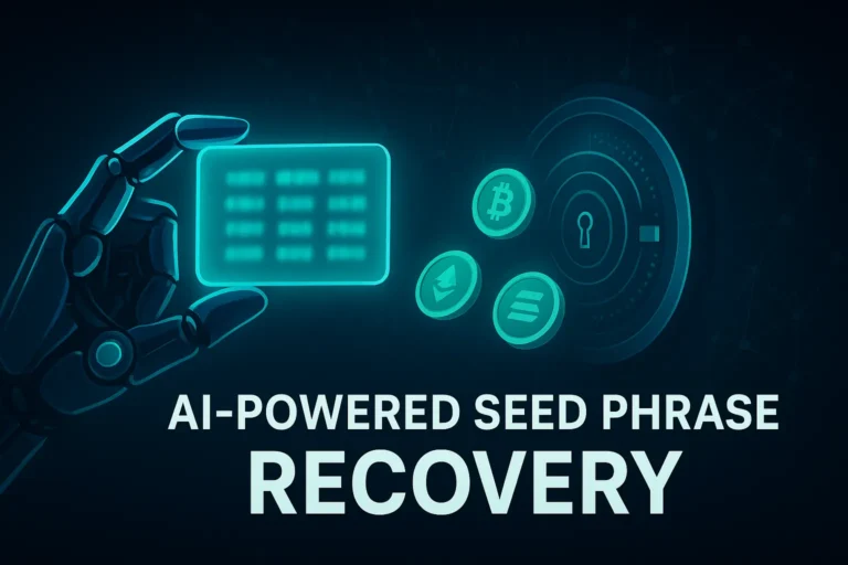 AI robot hand recovering a crypto wallet seed phrase using artificial intelligence technology