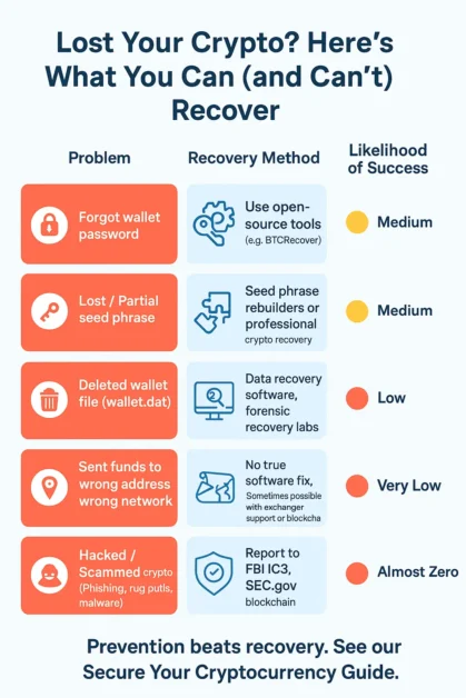 Infographic flowchart showing common crypto recovery problems, methods like BTCRecover, data recovery, reporting to FBI/SEC, and likelihood of success.