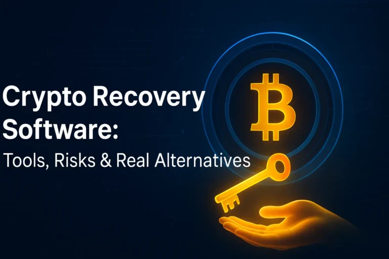 Golden Bitcoin symbol inside a digital vault with a glowing key, representing crypto recovery software tools, risks, and real alternatives.